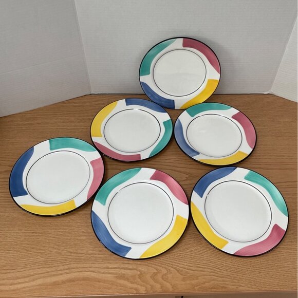 Pier 1 Salad Appetizer Plates Per113 La Primula 8 in. Colorful Waves Italy Set 6 - Picture 2 of 4